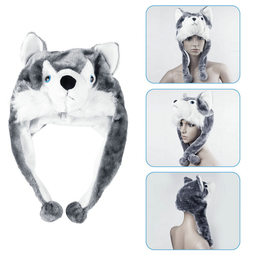 Cartoon Animal style Hood Wolf Hat Hoods Beanies Cute Fluffy kids Caps Soft Warm Scarf Earmuff Plush Huskies Hats Hot Sales